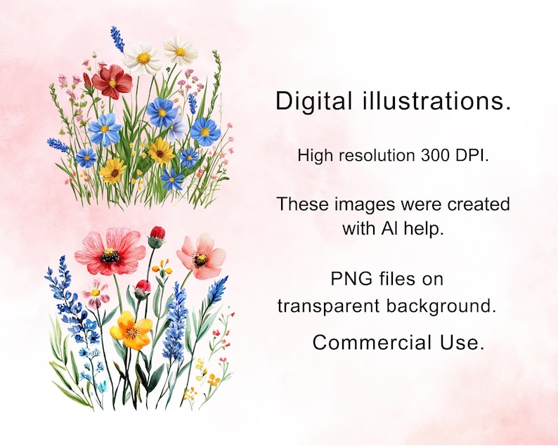 Puede incluir: Ilustraciones digitales en acuarela de coloridas flores silvestres. La imagen incluye el texto "Ilustraciones digitales", "Alta resoluci&oacute;n 300 DPI" y "Archivos PNG sobre fondo transparente. Uso comercial."