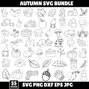 May include: Black and white line art illustrations of autumn-themed objects. Includes pumpkins, leaves, animals, food, and other seasonal elements. Text at the top reads "AUTUMN SVG BUNDLE". The bottom text says "55 DESIGNS" and "SVG PNG DXF EPS JPG".