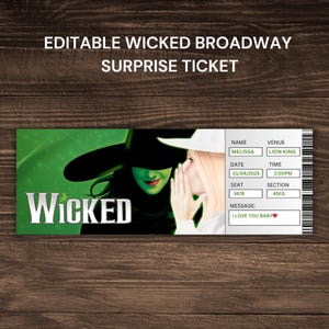 Editable Wicked Broadway Surprise Ticket, Personalized Gift Reveal, Musical Theatre Faux Event Admission Ticket, Instant Download