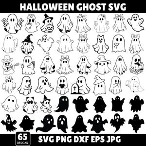 May include: Black and white Halloween-themed SVG designs featuring 65 ghost illustrations. The ghosts are depicted in various styles, some with hats, bows, and other accessories. The image includes the text "HALLOWEEN GHOST SVG" and file type options.