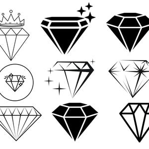 May include: A set of nine black and white diamond illustrations. The diamonds are in various styles, including a diamond with a crown, a diamond with stars, and a diamond with a sparkle effect.