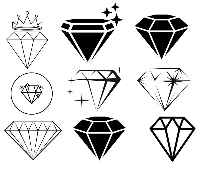 May include: A set of nine black and white diamond illustrations. The diamonds are in various styles, including a diamond with a crown, a diamond with stars, and a diamond with a sparkle effect.