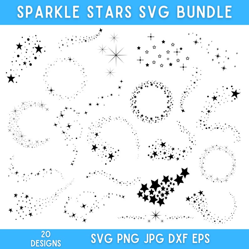 K&ouml;nnte beinhalten: Ein Set mit 20 schwarzen und wei&szlig;en SVG-Designs mit funkelnden Sternen in verschiedenen Formen und Gr&ouml;&szlig;en. Die Designs beinhalten Sterne in einem Kreis, Sterne in einer Linie und Sterne in einem Wirbel. Die Designs sind perfekt f&uuml;r die Erstellung von Projekten f&uuml;r Geburtstage, Feiertage und andere besondere Anl&auml;sse.