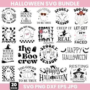 Może przedstawiać: Kolekcja 20 wzorów SVG o tematyce Halloween w kolorze czarno-białym. Projekty obejmują duchy, czarownice, dynie i frazy takie jak "Happy Halloween" i "Too Gourd to be True". Tekst "Halloween SVG Bundle" znajduje się na górze.