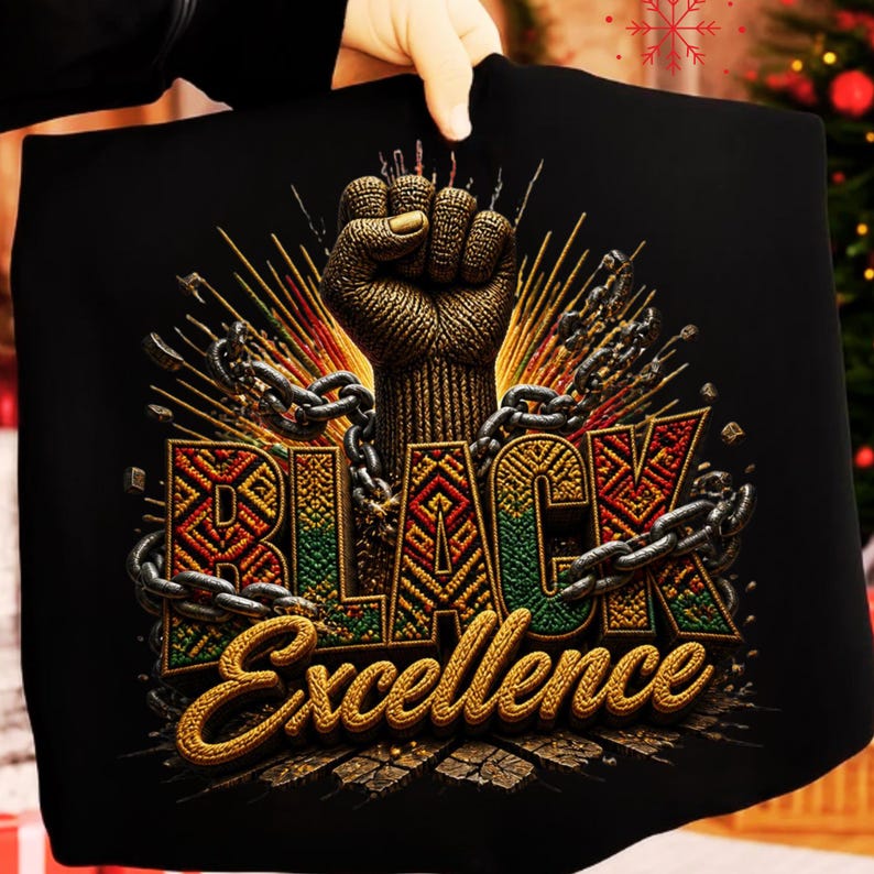 May include: Black t-shirt featuring a raised fist design with the words "BLACK Excellence". The design incorporates chains and a vibrant color palette of gold, green, red, and yellow.