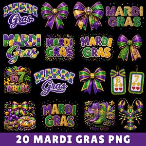 以下が含まれることがあります： 黒い背景に、マルディグラをテーマにしたPNGグラフィックのコレクション。デザインには「Mardi Gras」というテキスト、紫、緑、金色のリボン、その他のお祝いの要素が含まれています。画像の下部には「20 MARDI GRAS PNG」と書かれています。