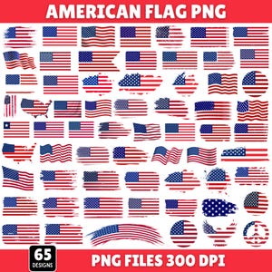 Könnte beinhalten: Eine Sammlung von 65 Designs der amerikanischen Flagge im PNG-Format. Die Flaggen variieren im Stil, darunter traditionelle rechteckige Flaggen, Pinselstricheffekte und Flaggen in Form der USA-Karte. Die Designs verwenden die Farben Rot, Weiß und Blau.