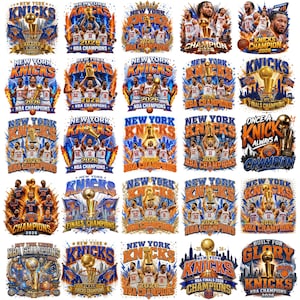 以下が含まれることがあります： 2026年のNBAチャンピオンシップを祝うニューヨーク・ニックスのバスケットボールチームを描いた25種類のグラフィックデザイン集。各デザインには、チーム名、優勝トロフィー、バスケットボール、そして青とオレンジのユニフォームを着た選手たちが描かれています。