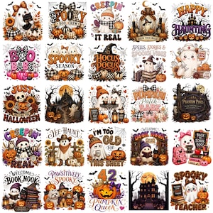 Puede incluir: Una colección de veinticinco ilustraciones digitales con temática de Halloween que incluyen fantasmas, calabazas, casas encantadas y textos festivos como Spooky Boo Crew, Hocus Pocus y Pumpkin Patch Babe, en un estilo gráfico colorido y animado.
