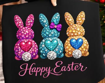 Rhinestone Happy Easter Bunny PNG, Sparkle Bling Easter Bunny Sublimation, Crystal Diamond Mosaic Design, Easter Shirt PNG, digital file