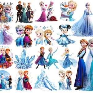 May include: A collection of digital clipart featuring various characters from the animated film Frozen. The characters include Elsa, Anna, Olaf, Kristoff, and Sven. The clipart is perfect for crafting projects, scrapbooking, and digital design.