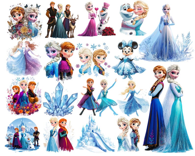 May include: A collection of digital clipart featuring various characters from the animated film Frozen. The characters include Elsa, Anna, Olaf, Kristoff, and Sven. The clipart is perfect for crafting projects, scrapbooking, and digital design.