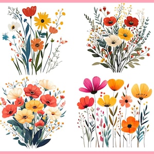 Puede incluir: Cuatro arreglos florales coloridos sobre un fondo blanco con un borde rosa. Las flores incluyen flores rojas, amarillas, naranjas y rosas con follaje verde. Los arreglos son de estilo acuarela.