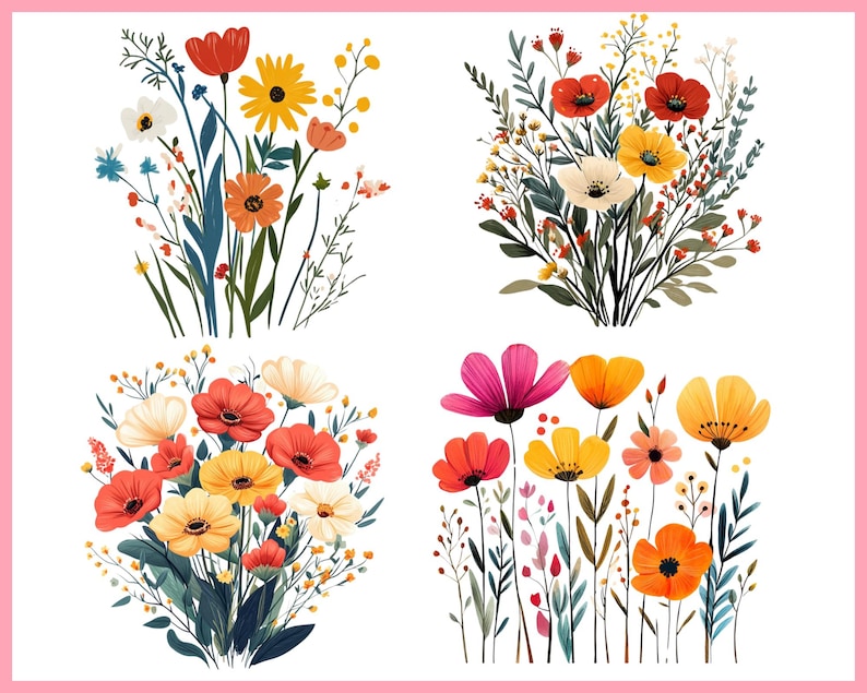 Puede incluir: Cuatro arreglos florales coloridos sobre un fondo blanco con un borde rosa. Las flores incluyen flores rojas, amarillas, naranjas y rosas con follaje verde. Los arreglos son de estilo acuarela.
