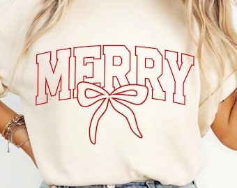 MERRY SVG Christmas Design, Retro Varsity Bow Svg Png, Merry Christmas Shirt SVG, Holiday Cut File for Cricut Silhouette, Instant Download