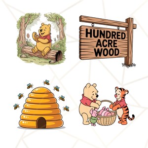 Puede incluir: Cuatro ilustraciones con personajes de Winnie the Pooh. Una muestra a Pooh comiendo miel, otra un letrero que dice "Hundred Acre Wood", una colmena con abejas y Pooh, Piglet y Tigger con una canasta.