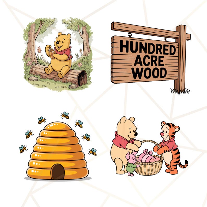 Puede incluir: Cuatro ilustraciones con personajes de Winnie the Pooh. Una muestra a Pooh comiendo miel, otra un letrero que dice "Hundred Acre Wood", una colmena con abejas y Pooh, Piglet y Tigger con una canasta.