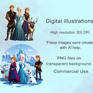 May include: Digital illustrations of Frozen characters, including Elsa, Anna, Kristoff, and Olaf. The images are high resolution and 300 DPI. They are PNG files on a transparent background and are for commercial use.