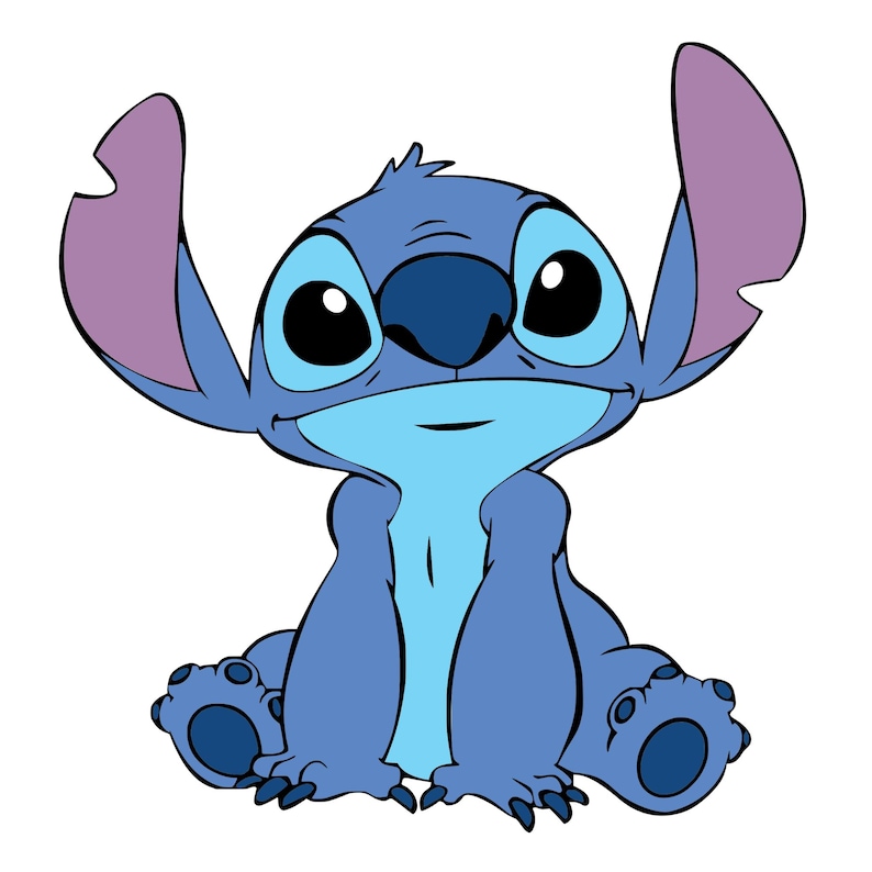 May include: A cartoon illustration of Stitch, a blue extraterrestrial creature with large ears and big black eyes. Stitch is sitting with his arms and legs forward, and his expression is friendly. The character is from the Disney animated film, Lilo & Stitch.