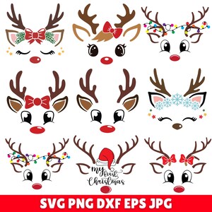 May include: A collection of nine reindeer face designs with various festive decorations. Each reindeer has brown antlers, a red nose, and different accessories like bows, Christmas lights, and a Santa hat. The bottom of the image includes the text "SVG PNG DXF EPS JPG".