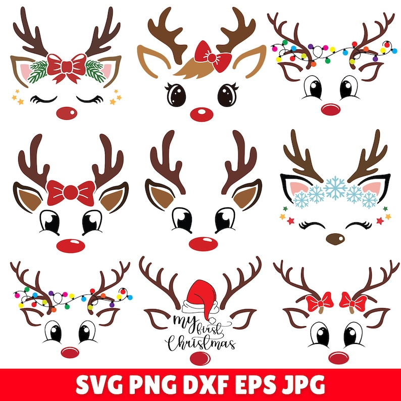 May include: A collection of nine reindeer face designs with various festive decorations. Each reindeer has brown antlers, a red nose, and different accessories like bows, Christmas lights, and a Santa hat. The bottom of the image includes the text "SVG PNG DXF EPS JPG".