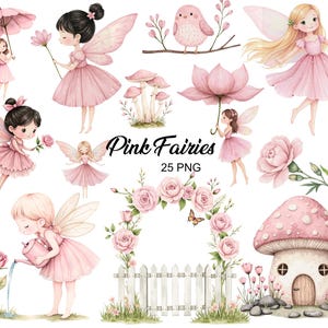 Op de afbeelding: Een set van 25 digitale illustraties met roze feeën, bloemen, een vogel, een paddenstoelhuis en een hek. De illustraties zijn in aquarelstijl en perfect om een vleugje whimsy aan je projecten toe te voegen.