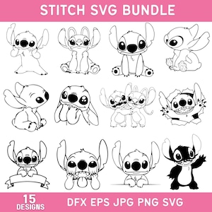 15 Stitch Svg Png-bundel, Lilo And Stitch Cliparts, Angel Svg, Stitch Cartoon Png, Stitch en Lilo Dxf, Cricut Cut-bestanden, Instant Download