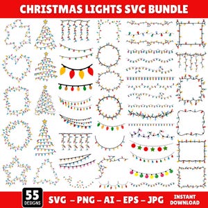 Könnte beinhalten: Eine Sammlung von 55 Weihnachtslicht-Designs in verschiedenen Formen. Das Bild zeigt Lichterketten, Baumformen und Rahmen in leuchtenden Farben. Der Text unten lautet "CHRISTMAS LIGHTS SVG BUNDLE" und Dateitypen.