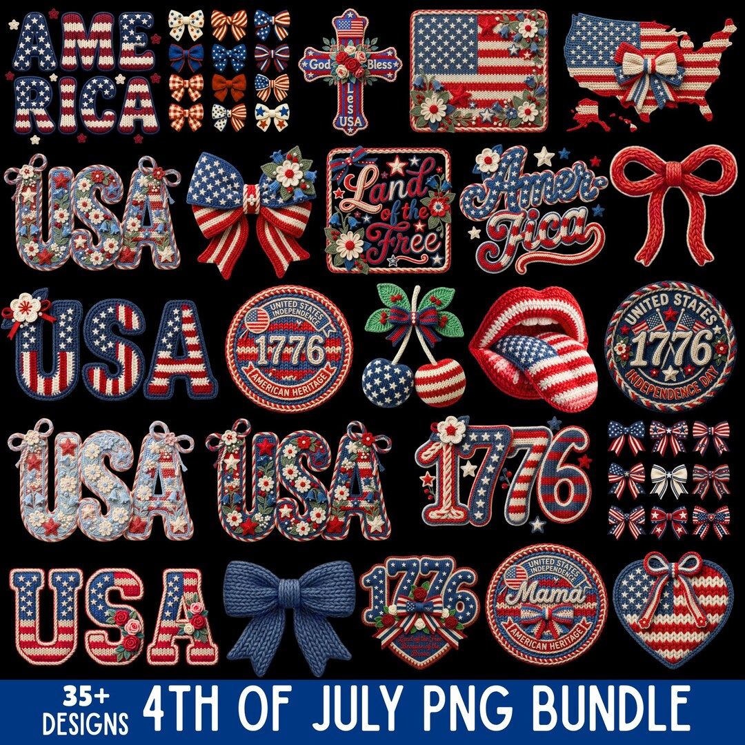 4th of July PNG Bundle,faux Yarn USA Flag Coquette Bow, Freedom ...