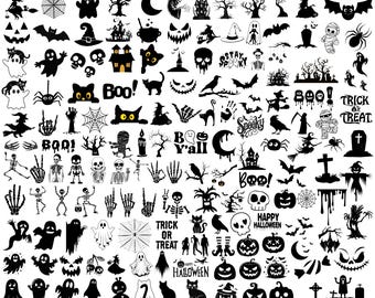 May include: A collection of 200 black Halloween-themed SVG designs. The image includes various spooky elements such as ghosts, bats, pumpkins, skulls, and the text "Halloween SVG Bundle". Formats include SVG, PNG, AI, EPS, and JPG.