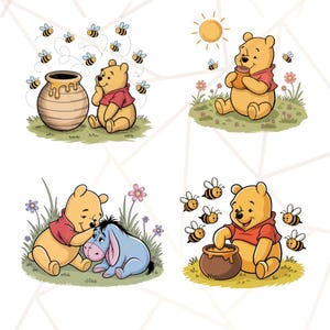 Puede incluir: Cuatro ilustraciones de Winnie the Pooh. Una muestra a Pooh con un tarro de miel y abejas, otra con un tarro de miel y abejas, otra con &Iacute;gor, y la &uacute;ltima con un tarro de miel y abejas. Todas son de estilo caricaturesco.