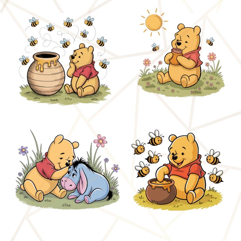 Puede incluir: Cuatro ilustraciones de Winnie the Pooh. Una muestra a Pooh con un tarro de miel y abejas, otra con un tarro de miel y abejas, otra con &Iacute;gor, y la &uacute;ltima con un tarro de miel y abejas. Todas son de estilo caricaturesco.