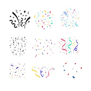 K&ouml;nnte beinhalten: Neun verschiedene Illustrationen von Konfetti und Luftschlangen in verschiedenen Farben und Mustern. Die Illustrationen befinden sich auf einem wei&szlig;en Hintergrund.