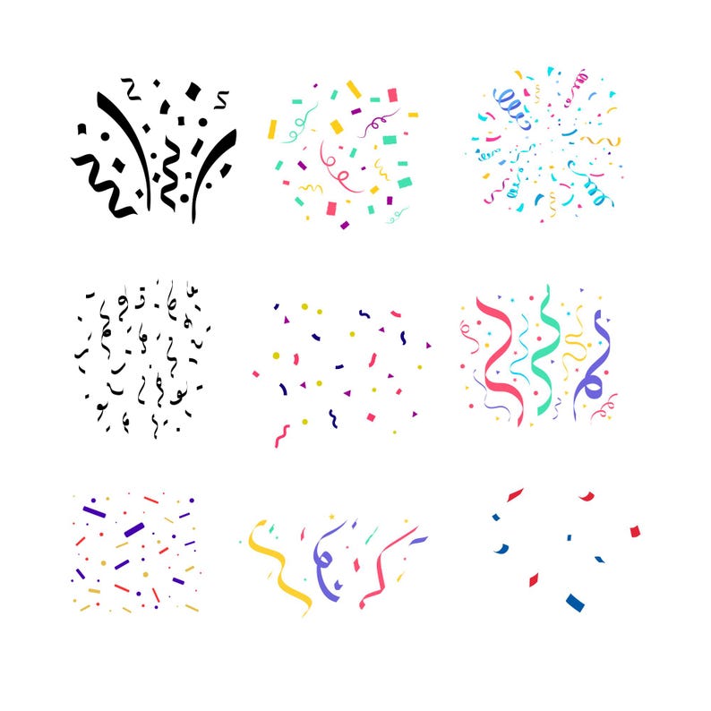 K&ouml;nnte beinhalten: Neun verschiedene Illustrationen von Konfetti und Luftschlangen in verschiedenen Farben und Mustern. Die Illustrationen befinden sich auf einem wei&szlig;en Hintergrund.