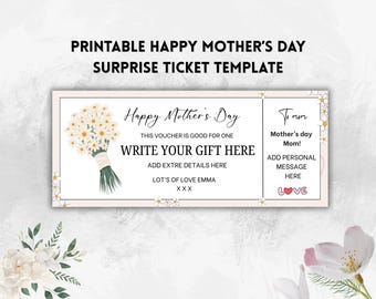May include: Printable Mother's Day gift voucher template with a bouquet of white daisies and the text "Happy Mother's Day" and "Write your gift here".