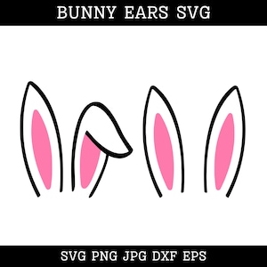 Könnte beinhalten: Grafik von Hasenohren in Schwarz und Rosa. Die Ohren sind schwarz umrandet mit rosa Innenräumen. Der Text "BUNNY EARS SVG" steht oben und "SVG PNG JPG DXF EPS" unten.