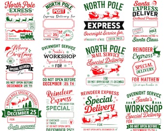 Puede incluir: Un paquete de descarga digital de 12 diseños SVG con temática navideña. Los diseños presentan texto como "North Pole Express", "Reindeer Express" y "Special Delivery". La paleta de colores incluye rojo, verde y blanco, con ilustraciones de Papá Noel, renos y trineos.