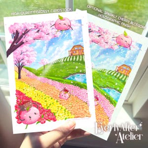 May include: Two art prints depicting a whimsical landscape with cherry blossoms, a house, and a colourful flower path. One print reads "HIGH QUALITY GLOSSY CARDSTOCK" and the other reads "OPTIONAL: SPARKLY CHERRY BLOSSOM HOLOGRAPHIC FINISH".