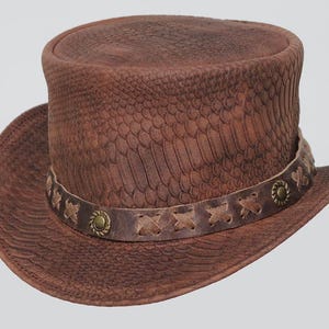 Distress bruine leren hoed S-print handgemaakte hoge hoed lederen steampunk hoge hoed gotische hoge hoed Victoriaanse hoed cowboy Halloween cadeau voor mannen