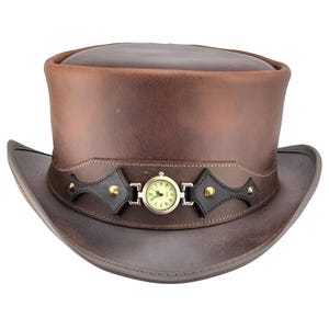 Bruin lederen hoed horlogeband handgemaakte hoge hoed lederen steampunk hoge hoed gotische hoge hoed Victoriaanse hoed cowboy halloween hoed cadeau voor mannen