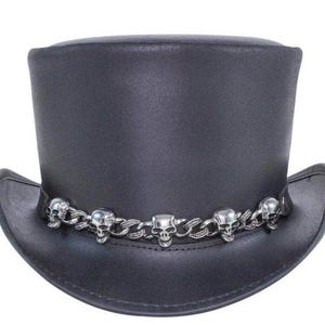 Handgemaakte zwart lederen hoed schedels ketting hoge hoed steampunk hoge hoed gotische hoed cowboyhoed cadeaus voor mannen, cadeaus voor vrouwen