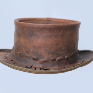 Distress bruin lederen hoed Burn handgemaakte hoge hoed lederen steampunk hoge hoed gotische hoge hoed Victoriaanse hoed cowboy Halloween cadeau voor mannen