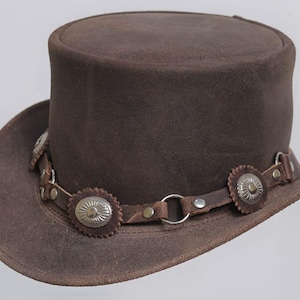 Bruin lederen hoed Conhos band handgemaakte hoge hoed lederen steampunk cilinderhoed gotische cilinderhoed Victoriaanse hoed cowboy halloween hoed cadeau voor mannen