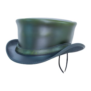 Leren hoed effen band groenachtig en zwart handgemaakte hoge hoed lederen steampunk hoge hoed gotische hoge hoed cowboy halloween hoed cadeau voor mannen