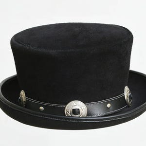 Suède lederen hoed Conhcos band handgemaakte hoge hoed lederen steampunk cilinderhoed gotische hoed Victoriaanse hoed cowboy halloween hoed cadeau voor mannen