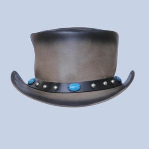Leren hoed westerse blauwe steen handgemaakte hoge hoed lederen steampunk hoge hoed gotische hoed Victoriaanse hoed cowboy halloween hoed cadeau voor mannen