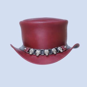 Leren hoed roodachtig Maron schedel H-band handgemaakte hoge hoed lederen steampunk cilinderhoed gotische hoed Victoriaanse hoed cowboy halloween hoed cadeau voor mannen