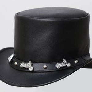 Zwart lederen hoed Biker band handgemaakte hoge hoed lederen steampunk cilinderhoed gotische cilinderhoed Victoriaanse hoed cowboy halloween hoed cadeau voor mannen