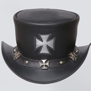 Zwart lederen hoed Cross Chopper handgemaakte hoge hoed lederen steampunk hoge hoed gotische hoge hoed Victoriaanse hoed cowboy halloween hoed cadeau voor mannen