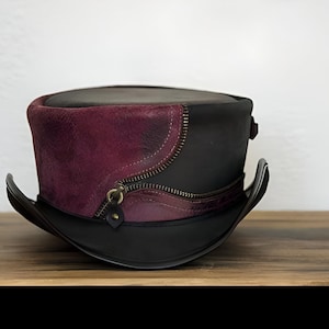 Leren hoed met rits stijl kroon handgemaakte hoge hoed lederen steampunk hoge hoed gotische hoge hoed Victoriaanse hoed cowboy halloween hoed cadeau voor mannen